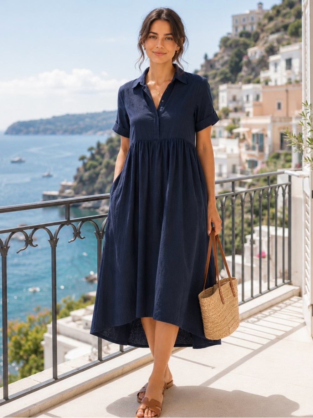NWT 100% Linen Babydoll Midi Shirt Dress Pockets Coastal Size Small - Picture 3 of 15